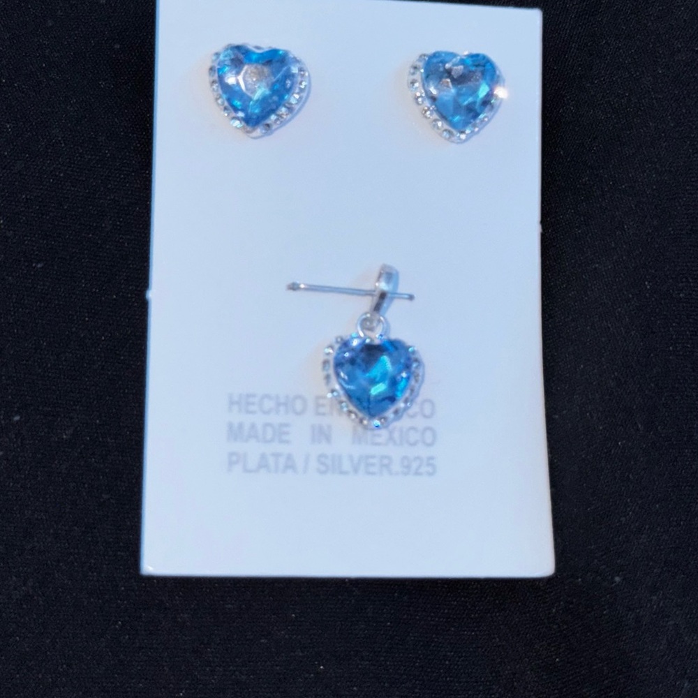 Blue Sterling Silver Heart Earrings and Pendant Set